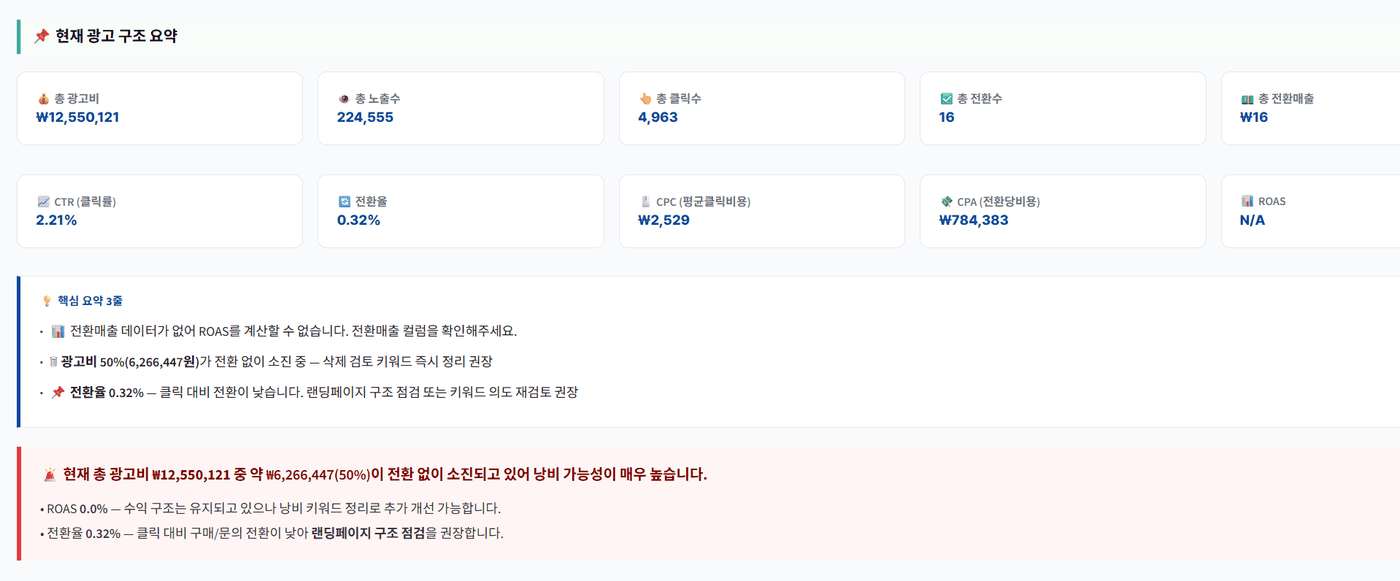 광고 진단 리포트 · 광고비 50% 전환 없이 소진